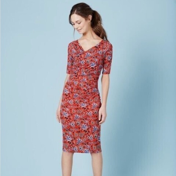 Boden Rita Ruched Firecracker Painterly Floral Jersey Dress US Sz 12 - Picture 2 of 8